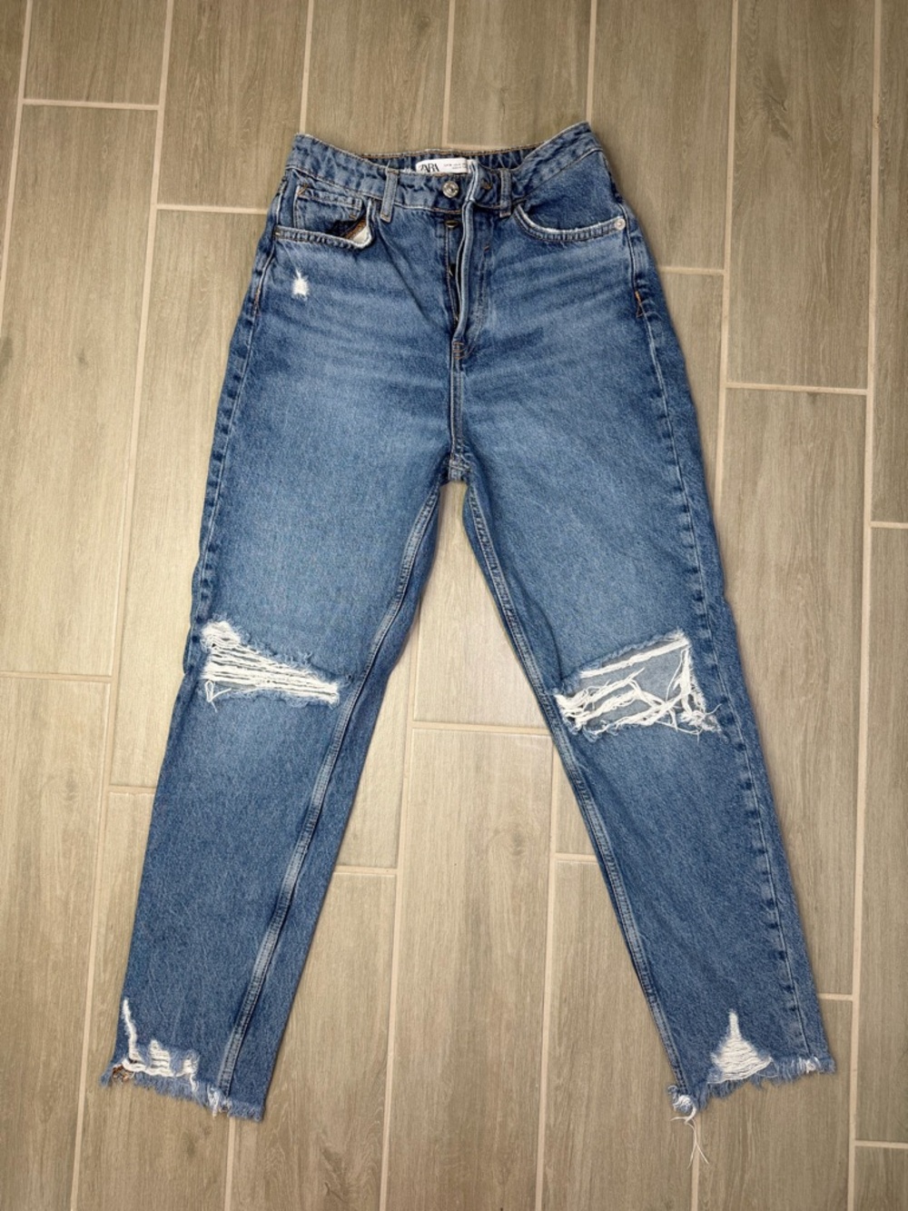 ZARA High Rise Button Fly Medium Wash Distressed Women's Denim Jeans Size 4